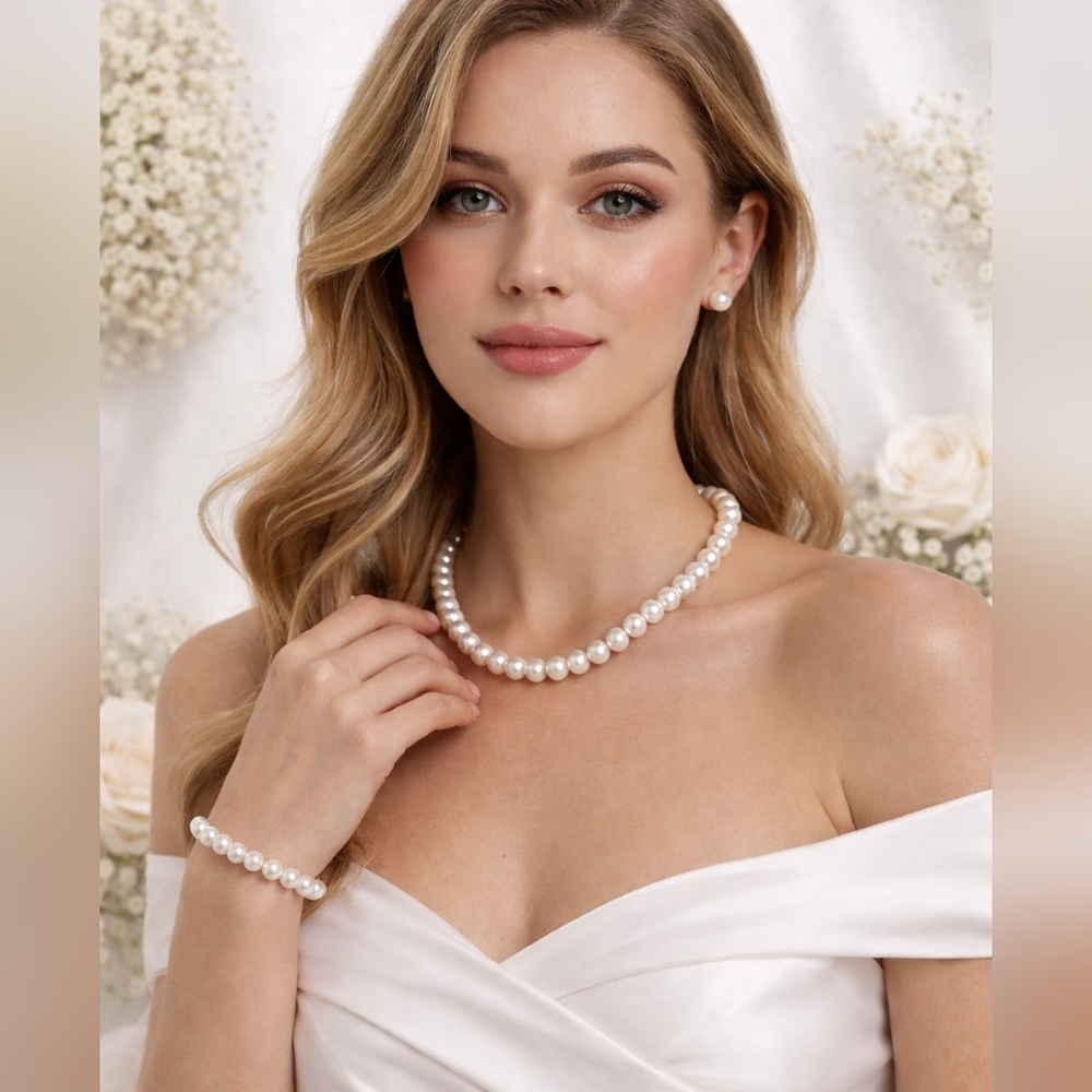 White Pearl Necklace and Bracelet Set fashion Jewelry